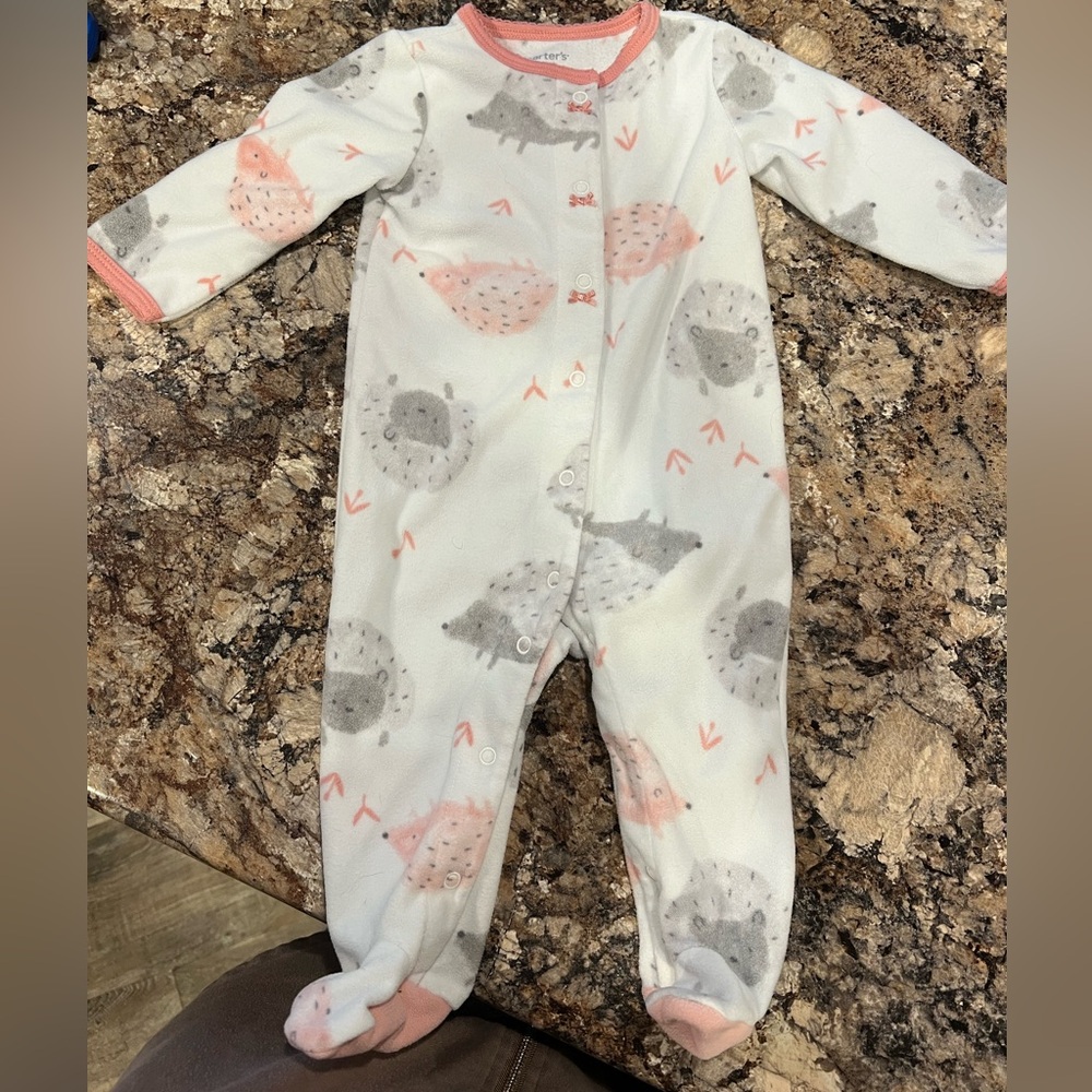 Carter's White Footed One-Piece fleece with Pink & Gray Hedgehogs